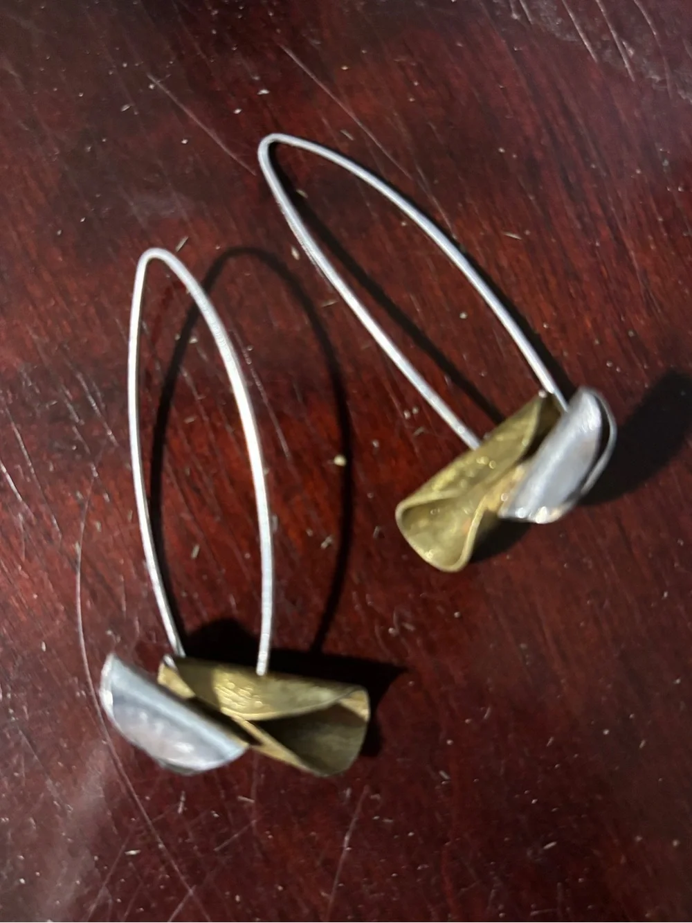 Two-Tone Gold & Silver Colored Metal Drop Earrings - Handmade Sculptural Design